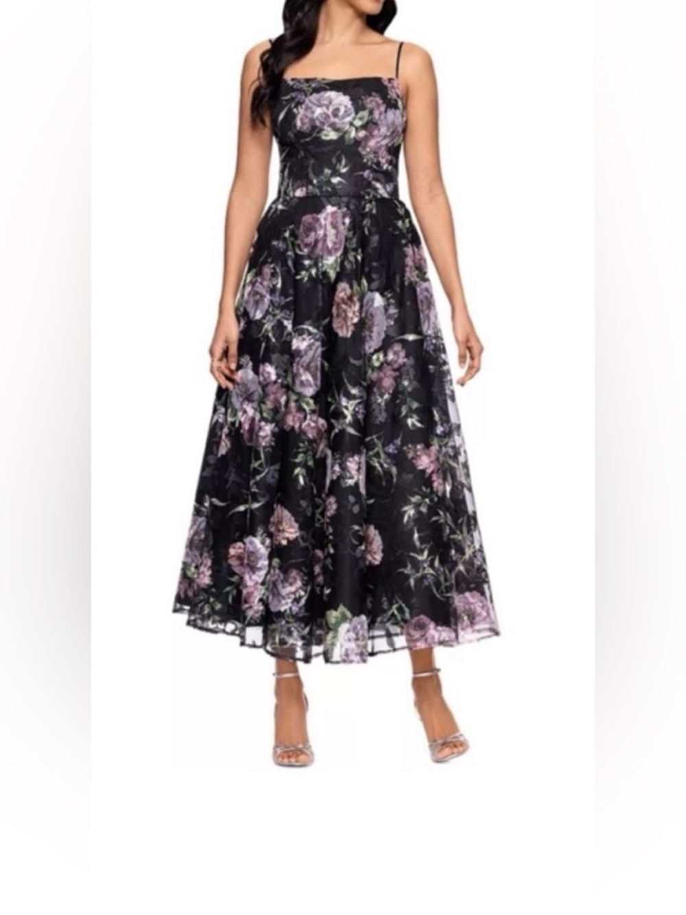 Betsy & Adam Black Floral Midi Dress with Lilac Accents